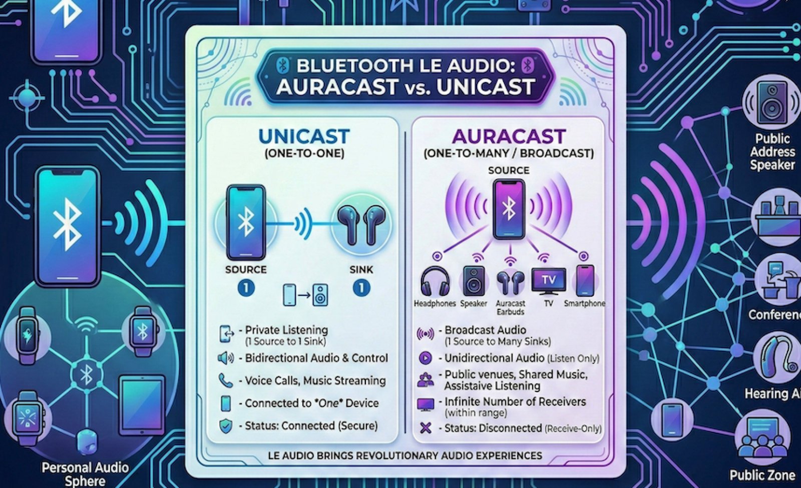Bluetooth LE Audio: Architecture, Auracast, and Unicast Roles